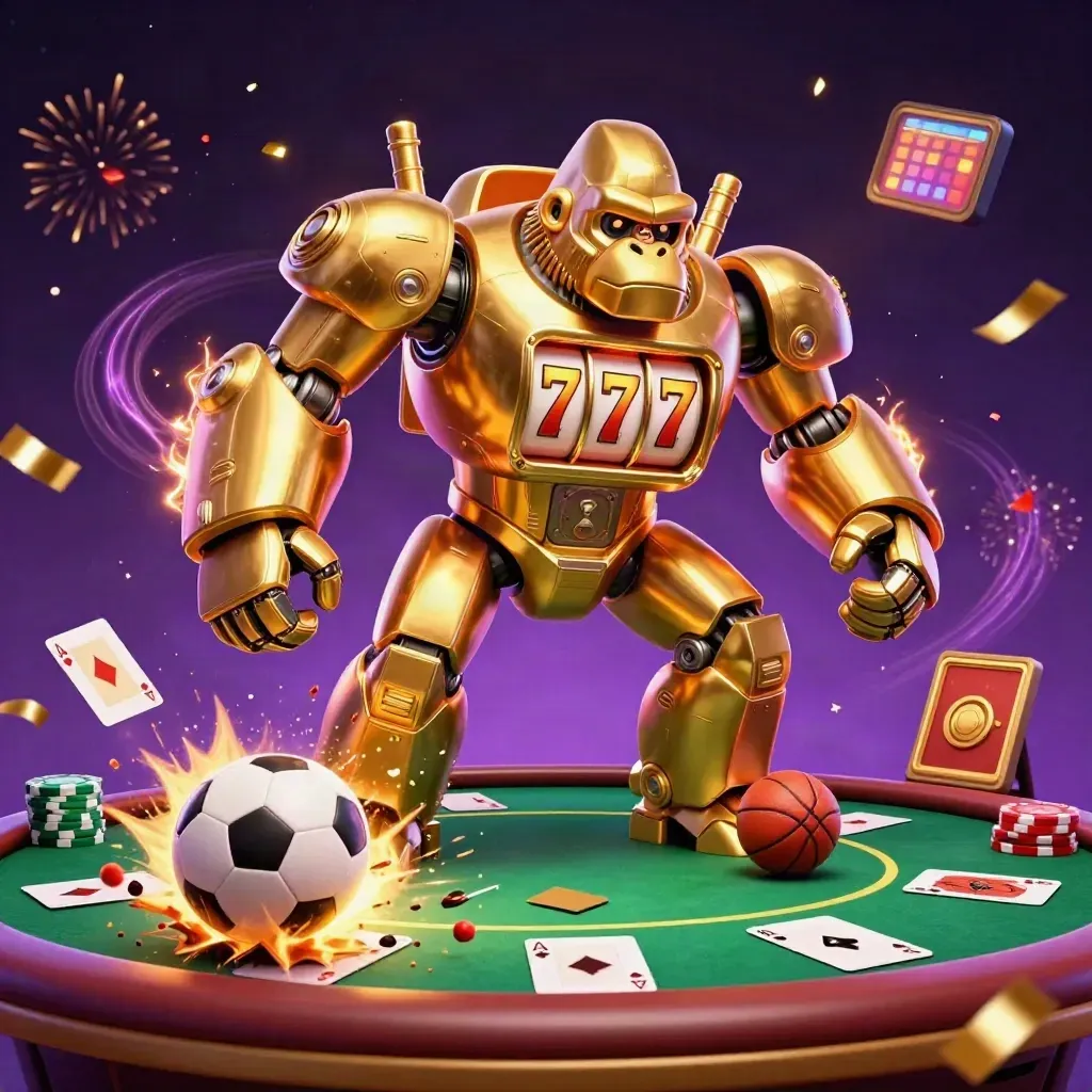 Golden gorilla mech, tiny monkey pilot, casino chips, cards, and neon energy blast