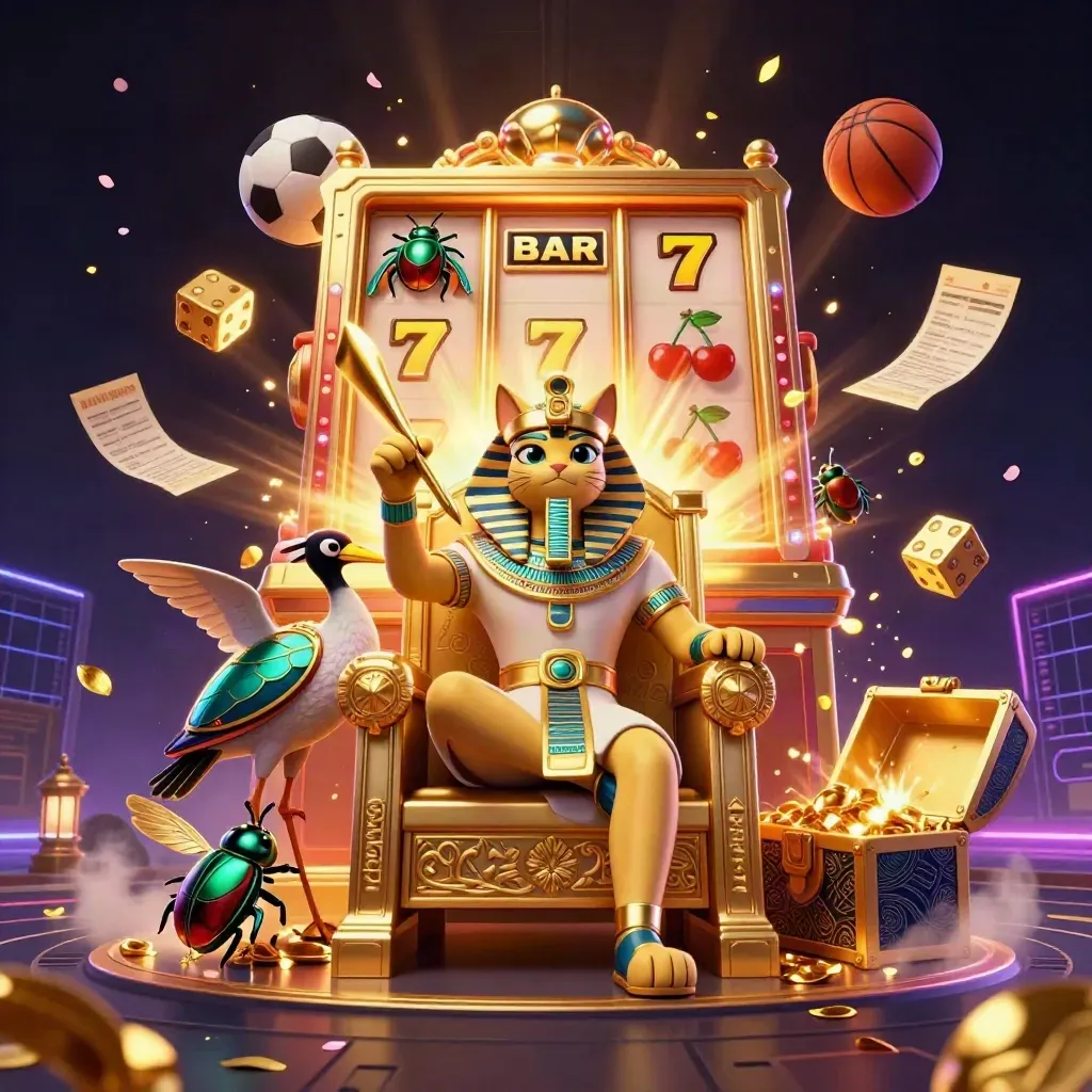 Pharaoh cat, ibis, scarabs, casino burst, soccer ball, basketball, gold, neon dark glow