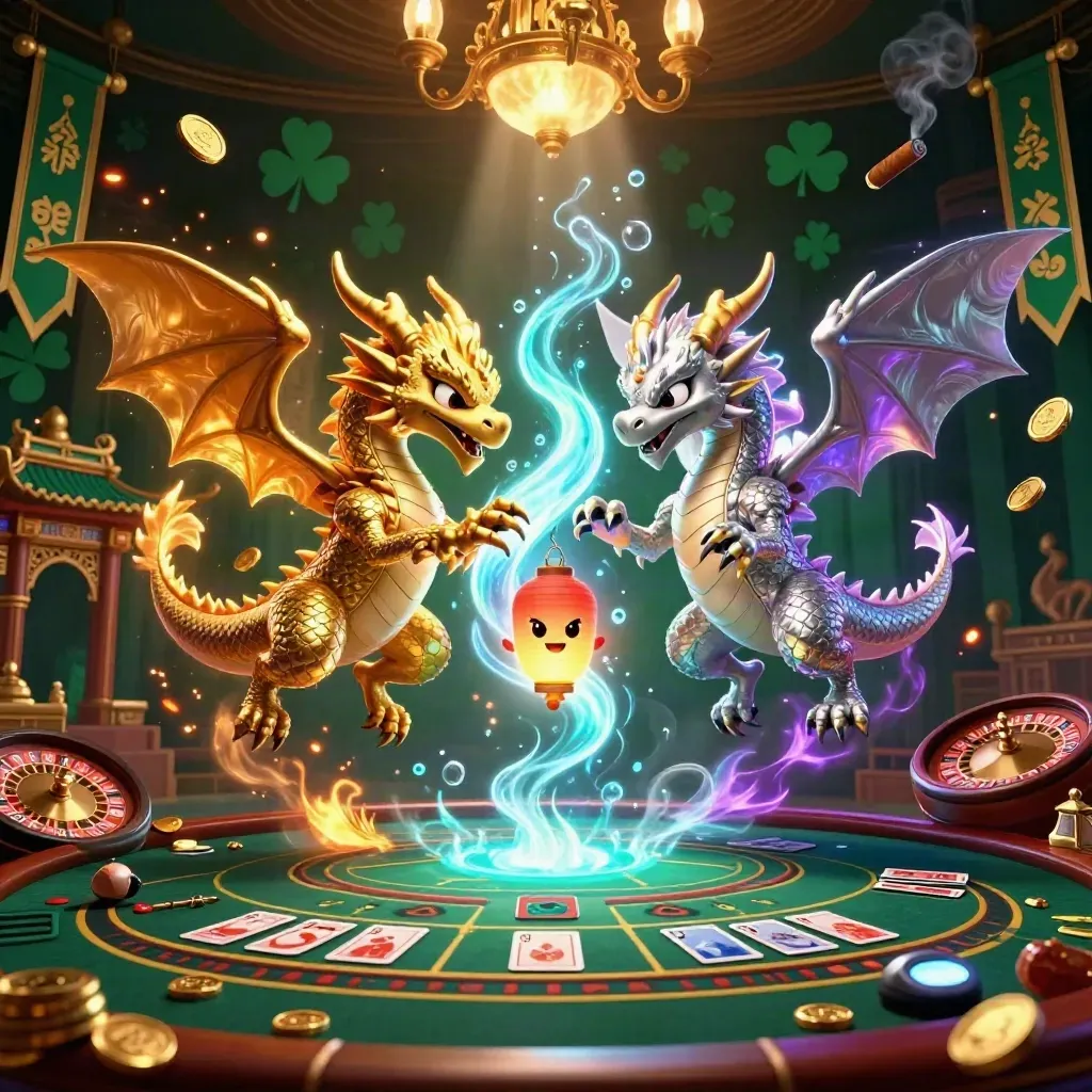 Twin gold and silver dragons swirl around a neon casino chamber with a temple gate and roulette glow.