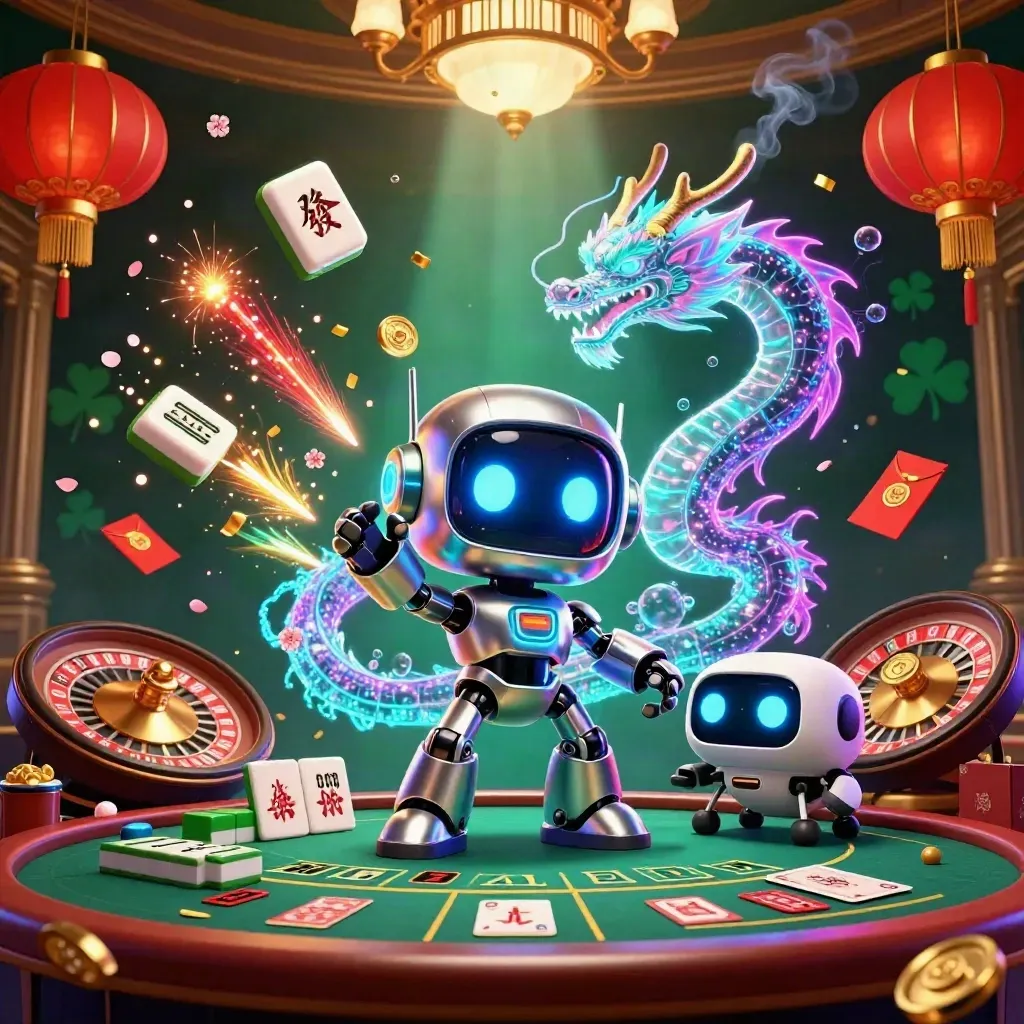 Cyberpunk robot, holographic dragon, and coin drone in a glowing luxury casino scene.