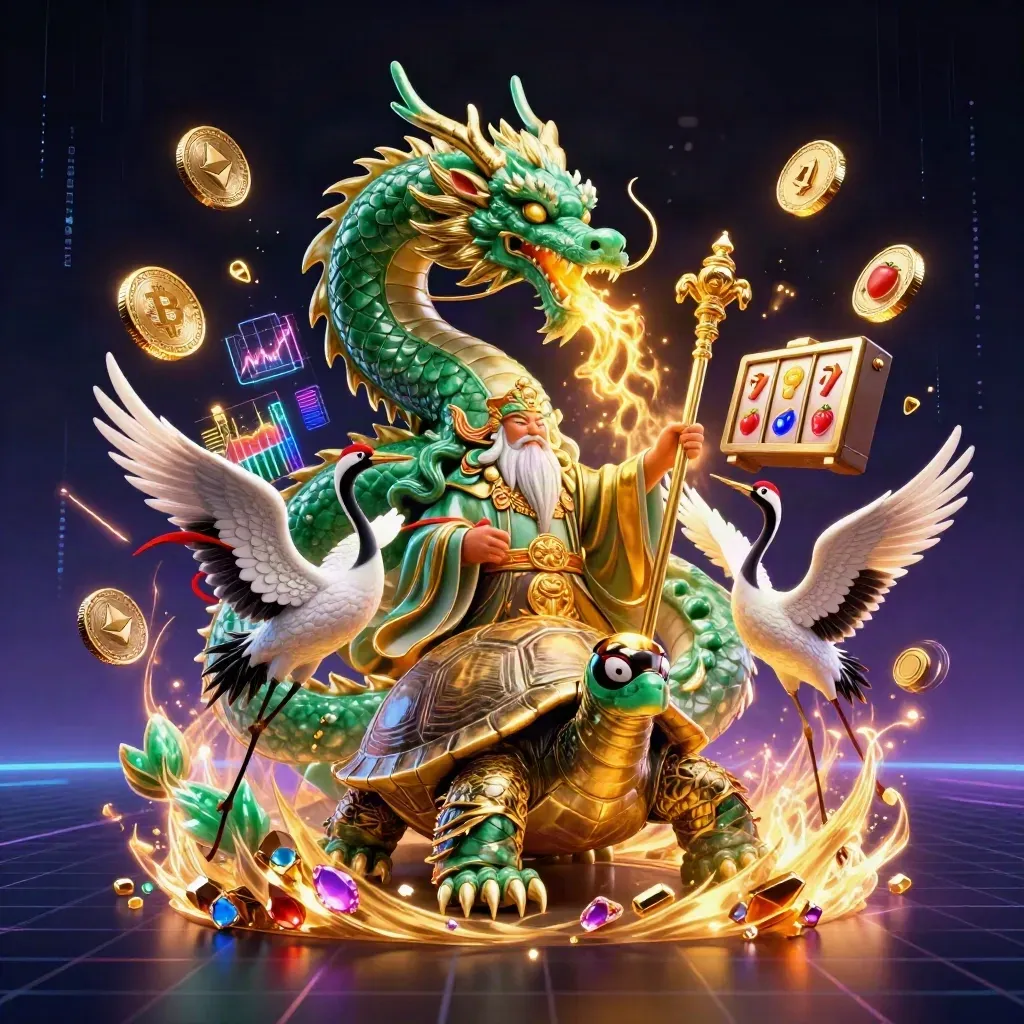 Emerald dragon, turtle sage and crane pair burst through neon casino treasures and coins in dark gold light.