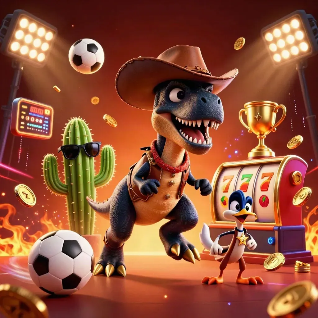 Cowboy T-Rex, cactus pal, and roadrunner burst amid casino lights, balls, coins, and reels